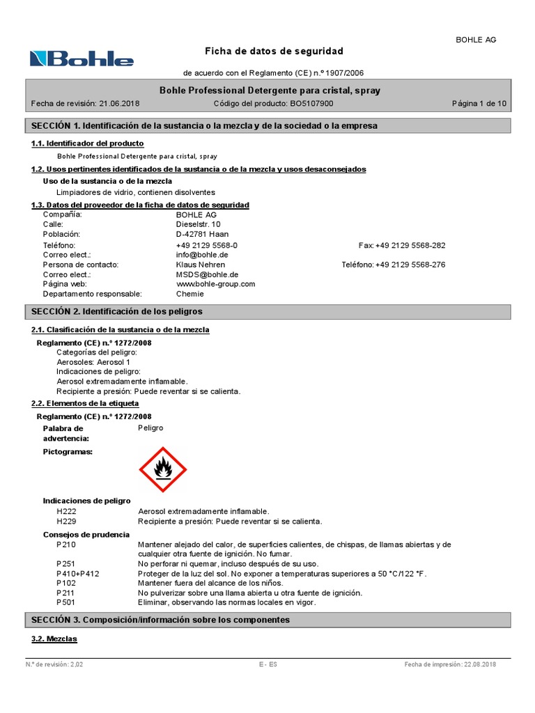 Bohle Professional Detergente para Cristal, Spray PDF Agua