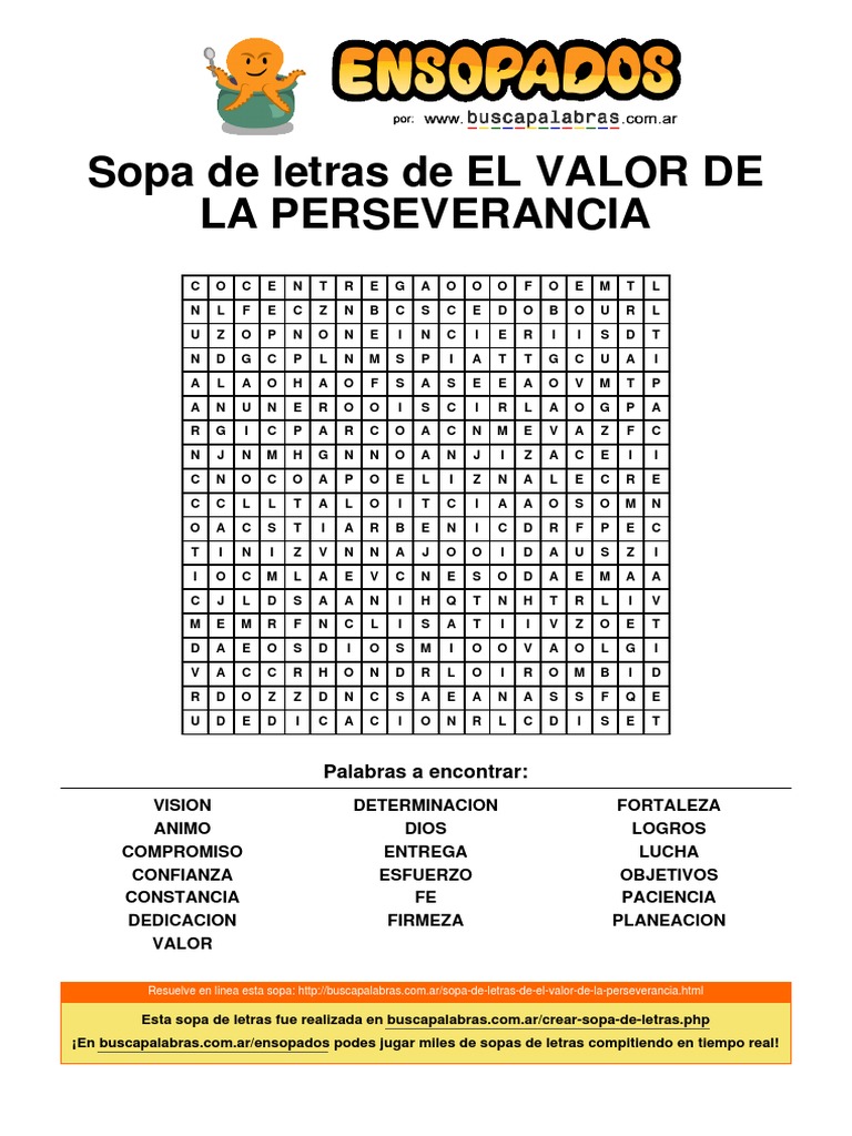 Sopa de Letras de El Valor de La Perseverancia PDF Creencia