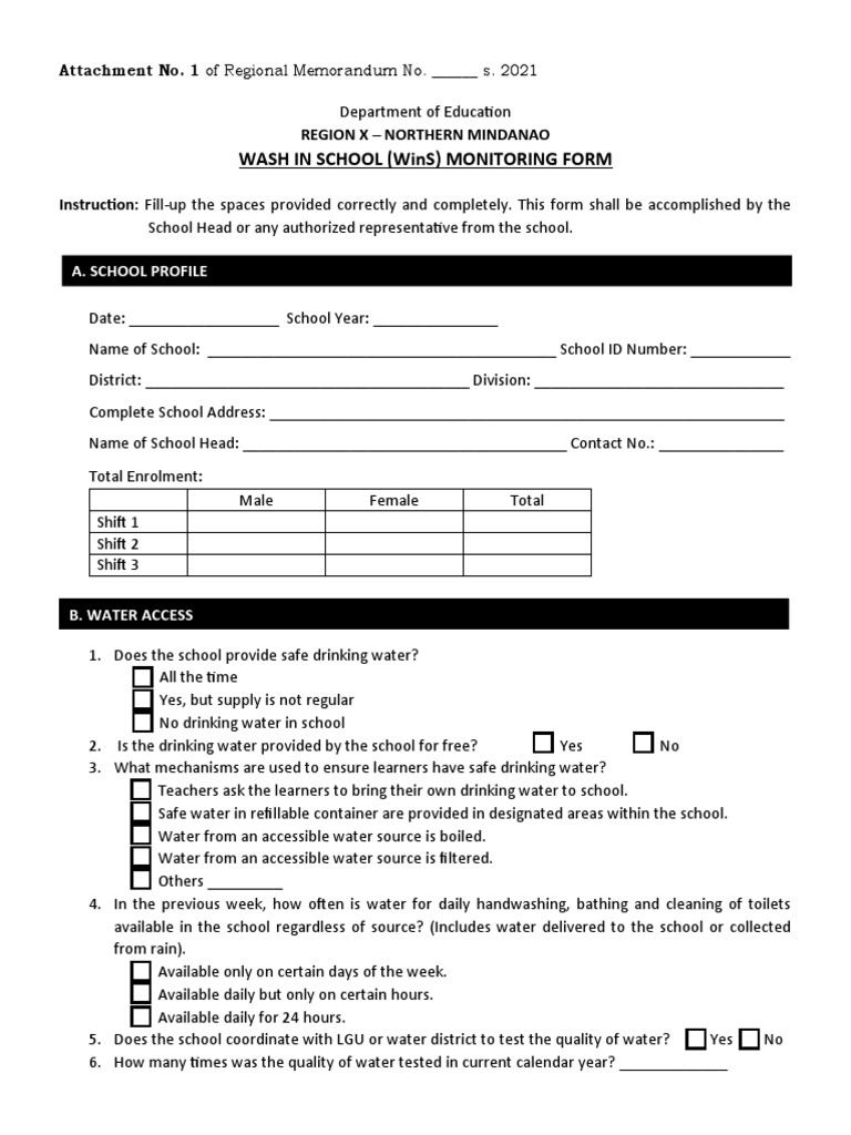 Wins Monitoring Form Pandemic | PDF | Hand Washing | Drinking Water