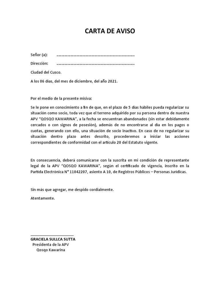 Modelo De Carta De Aviso Importante