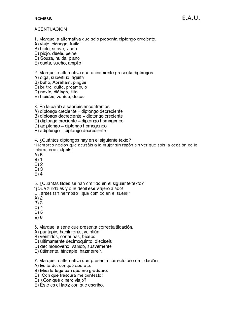 Ejercicios de Acentuación y Diptongos | PDF | Fonología | Voz humana