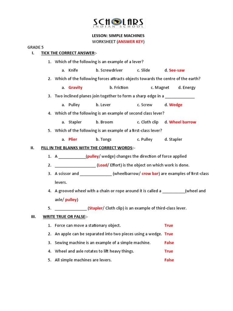Grade 5 Lesson Simple Machines Answer Key PDF Machines Lever