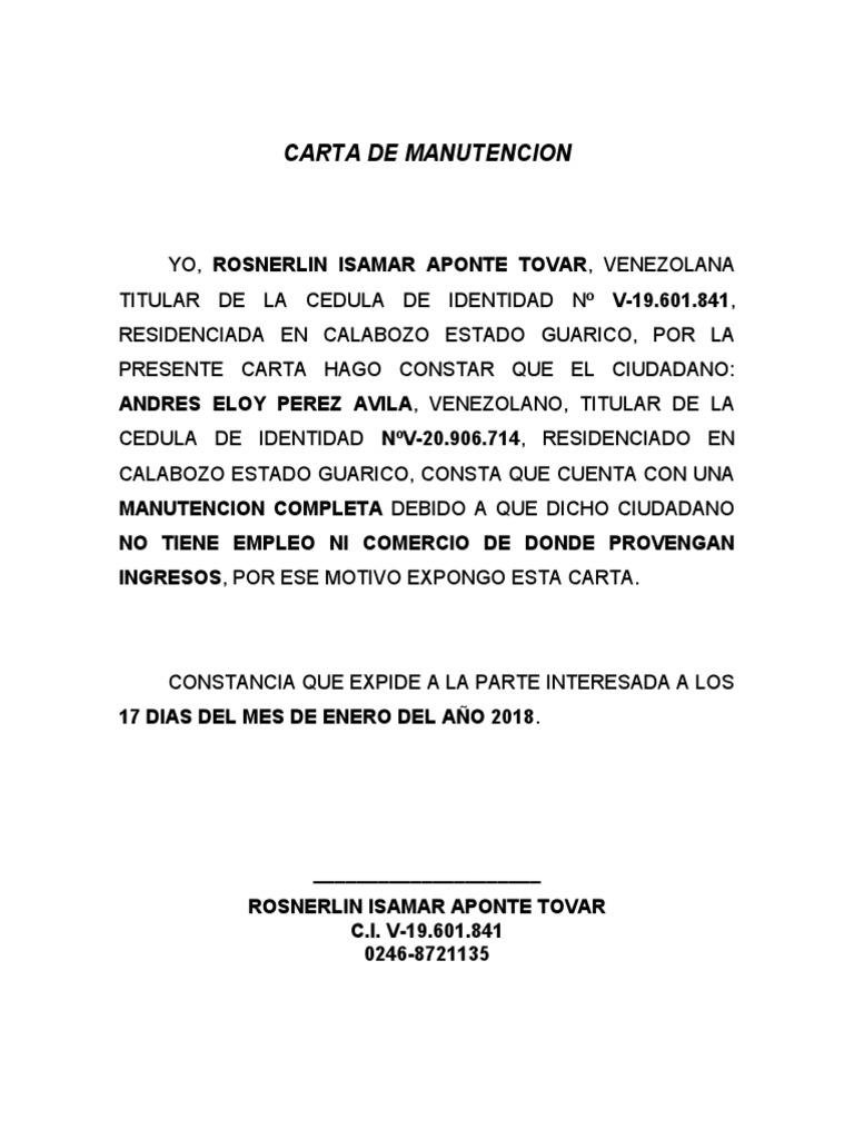 Carta de Manutencion PDF
