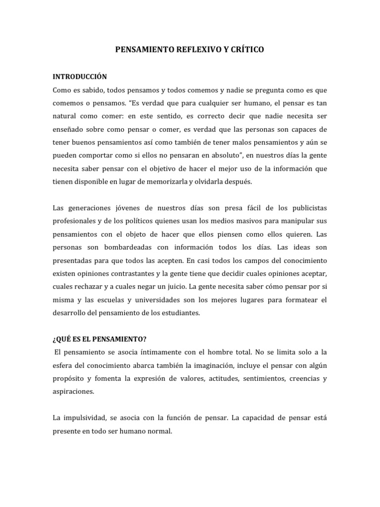 Pensamiento Reflexivo y Crítico | PDF | Crecimiento personal y ...