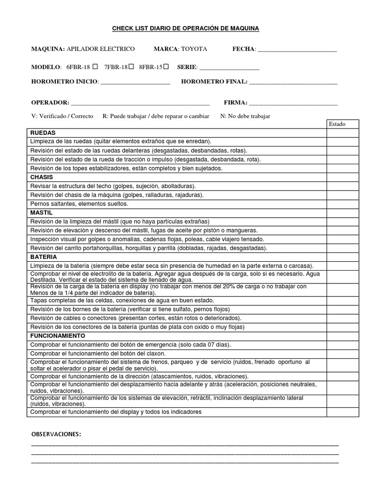 Check List Diario de Operación de Maquina | PDF