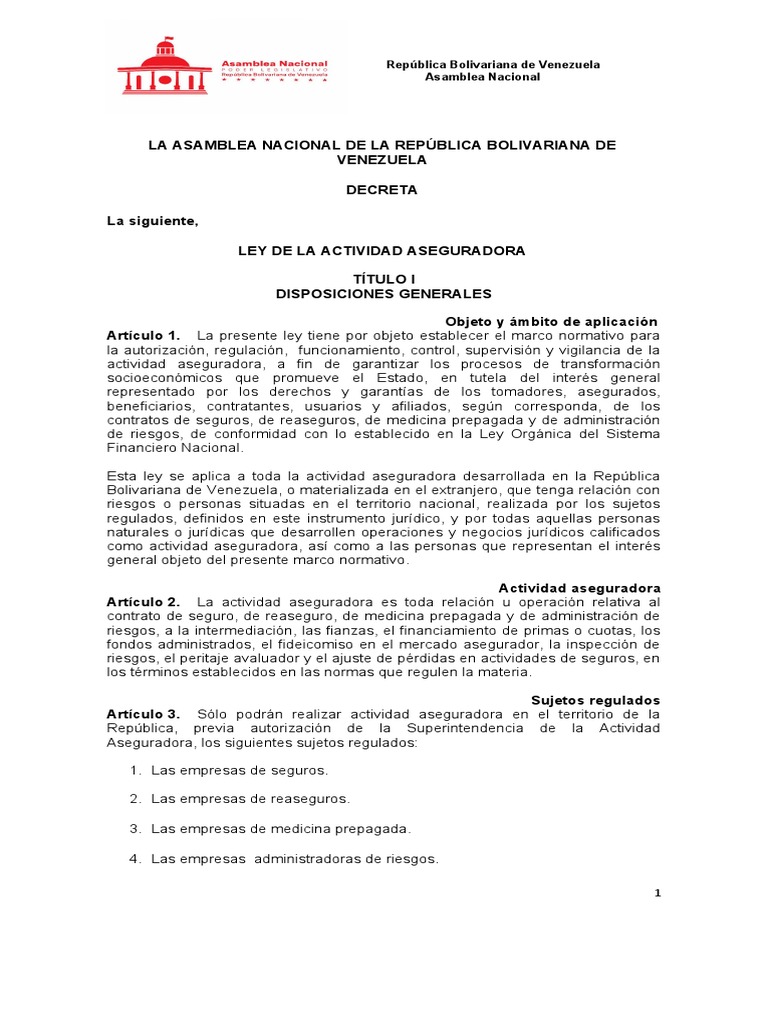 Ley de Actividad Aseguradora en Venezuela | PDF | Seguro | Reaseguro