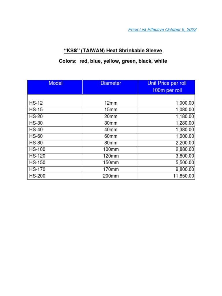 KSS Taiwan Heat Shrink Sleeve Price List October 2022 | PDF