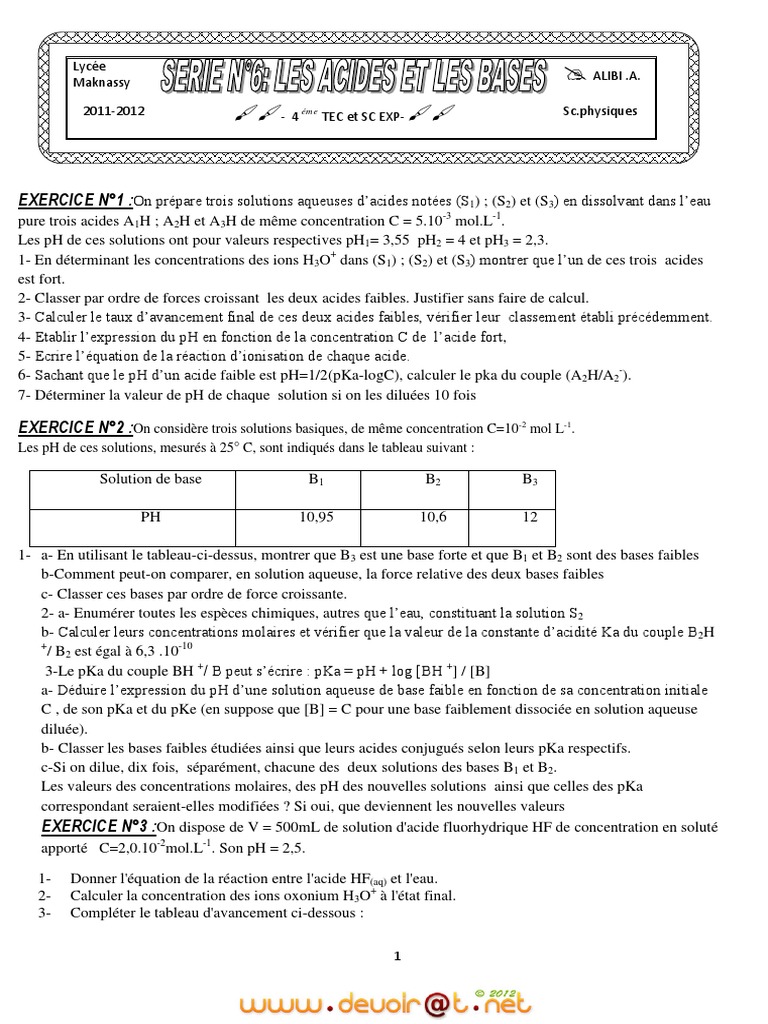 Exercices sur acides et bases au bac | PDF | Ph | Constante d'acidité