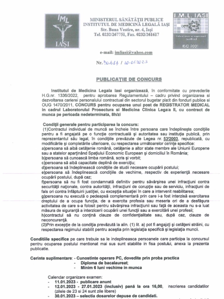 Subiecte Registrator Medical Publicatie Concurs Registrator Medical | PDF
