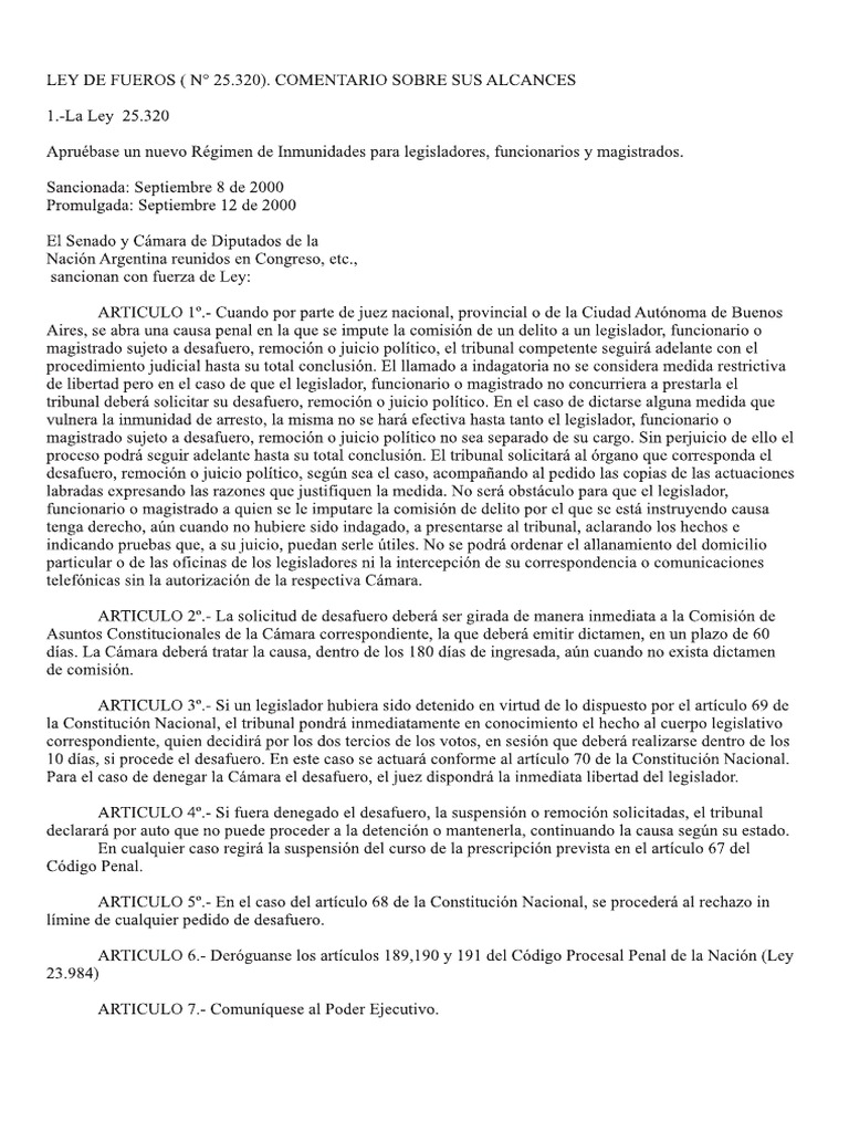 Ley 25.320 Ley de Fueros PDF