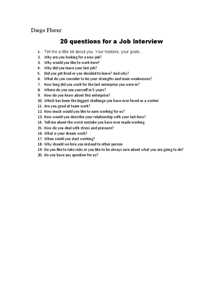 20 Questions For A Job Interview PDF