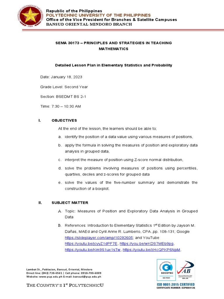 Lesson Plan in Measures of Position and Exploratory Data Analysis | PDF ...