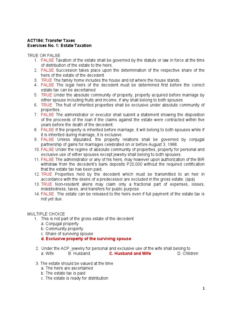 Exercise No. 1-Estate Taxation | PDF | Estate Tax In The United States ...