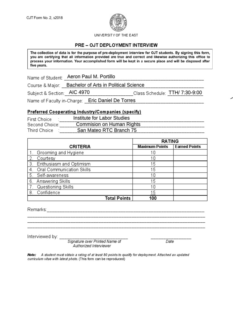 OJT FORM 2 s2018 | PDF