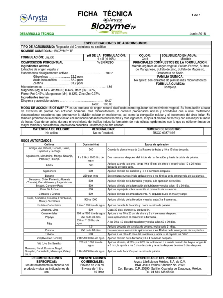 Ficha Técnica de Biozyme TF | PDF | Hormona Vegetal | Cultivos