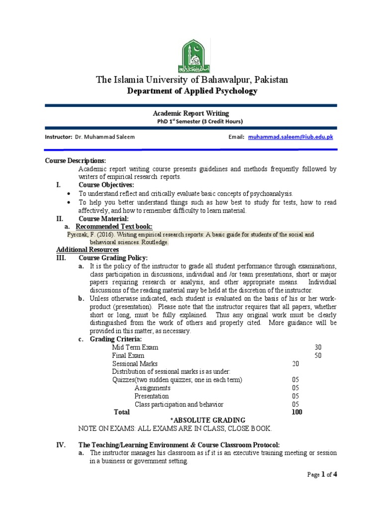 PhD Academic Report Writing Course Guide | PDF | Hypothesis | Apa Style