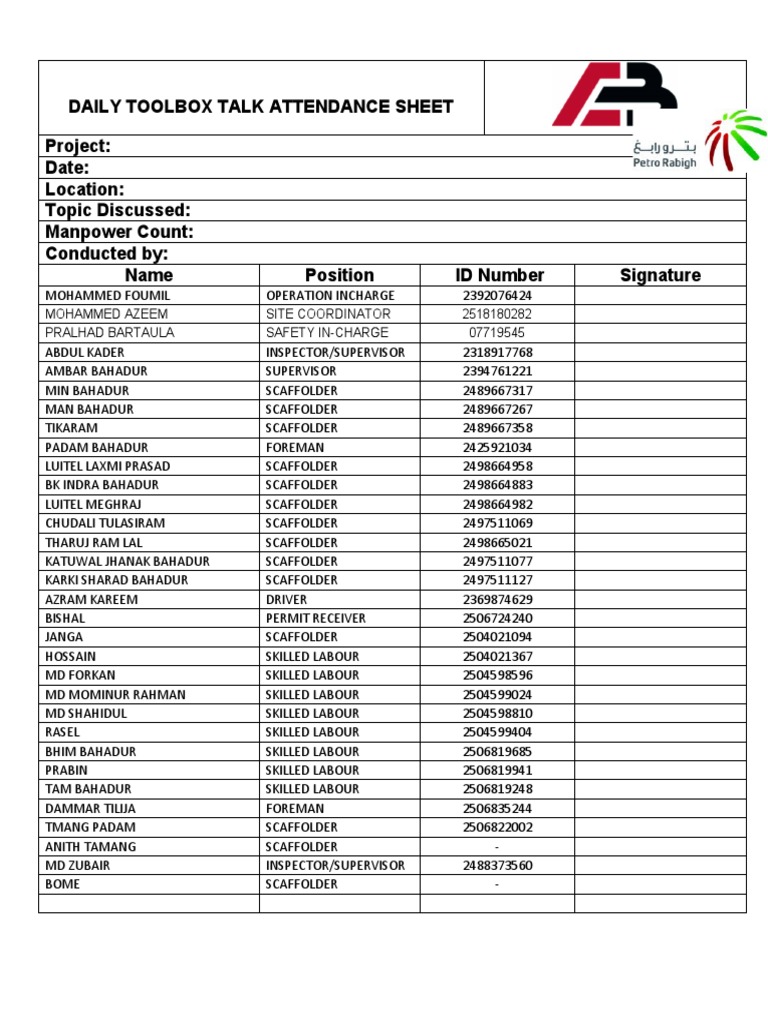 Toolbox Talk Attendance Sheet | PDF