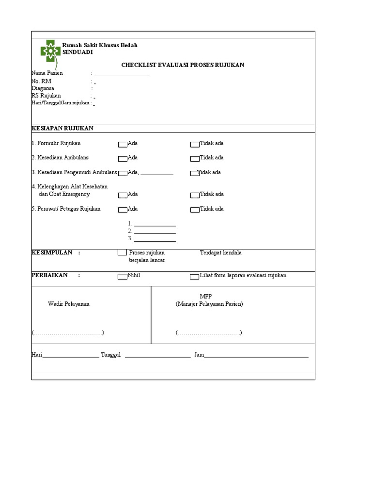 Checklist Evaluasi Rujukan Rumah Sakit | PDF