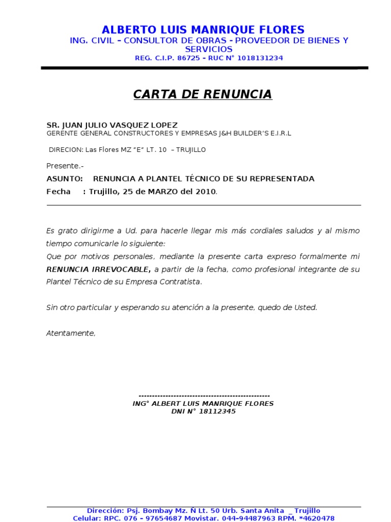 Carta de renuncia a Plantel Tecnico de una Empresa