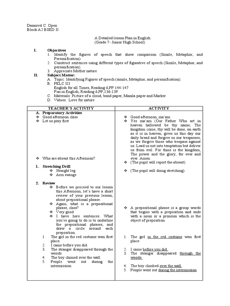 Grade 7 English Lesson Plan: Figures of Speech | PDF
