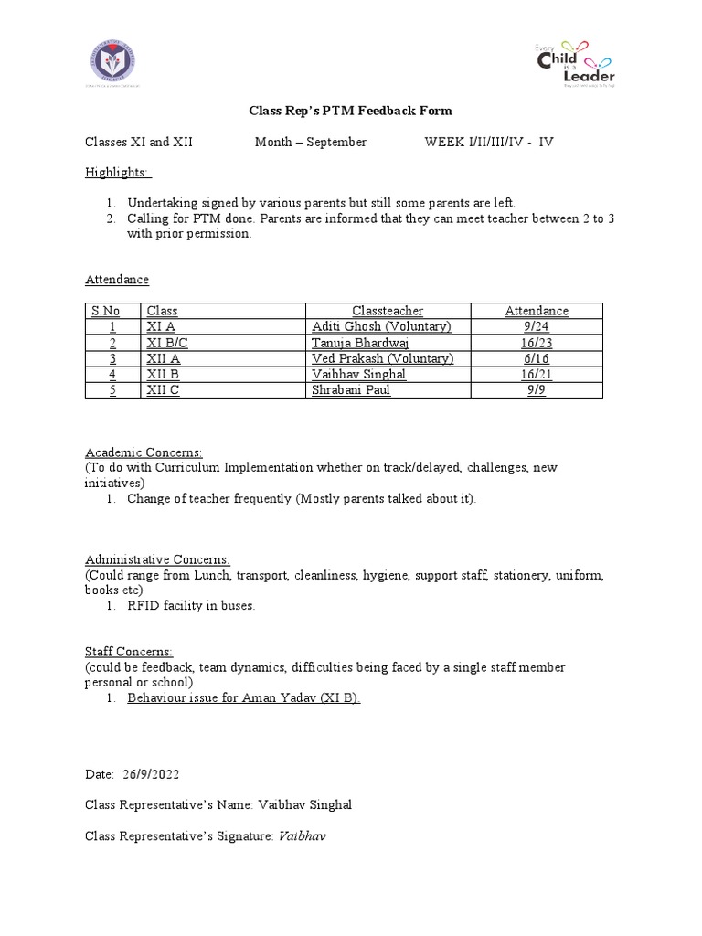 Class representative fortnightly feedback form pdf
