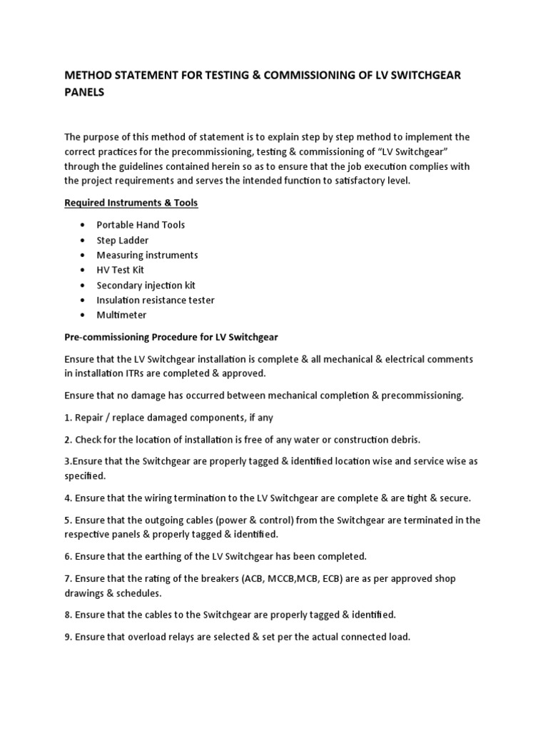LV Switchgear Testing & Commissioning Method | PDF | Home & Garden ...