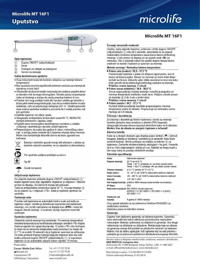Digitalni Toplomer Microlife mt16f1 Uputstvo | PDF