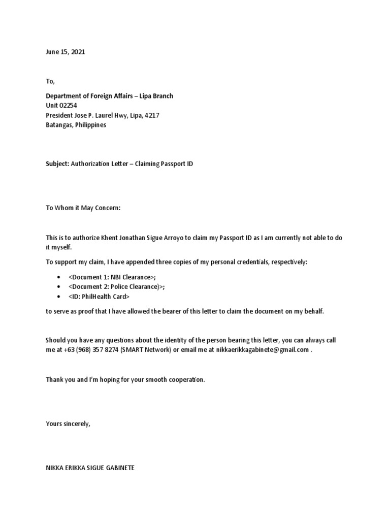 Authorization Letter - PASSPORT | PDF