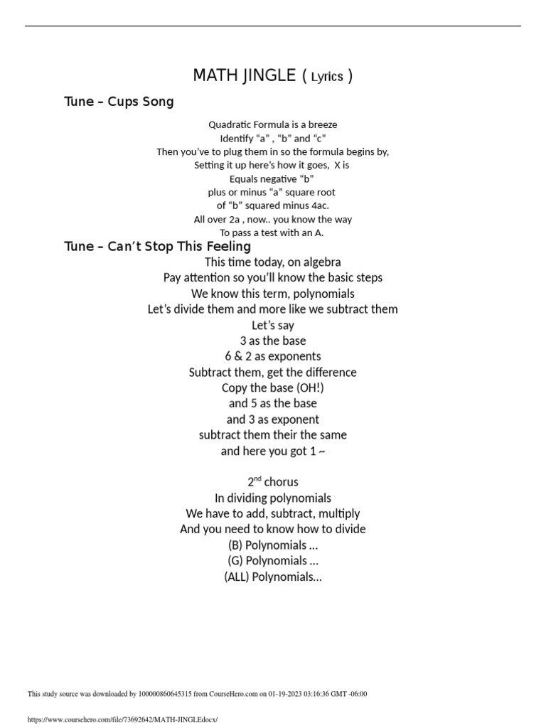 Mathematical Jingles Catchy Lyrics to Help Students Learn the Quadratic Formula and Polynomial