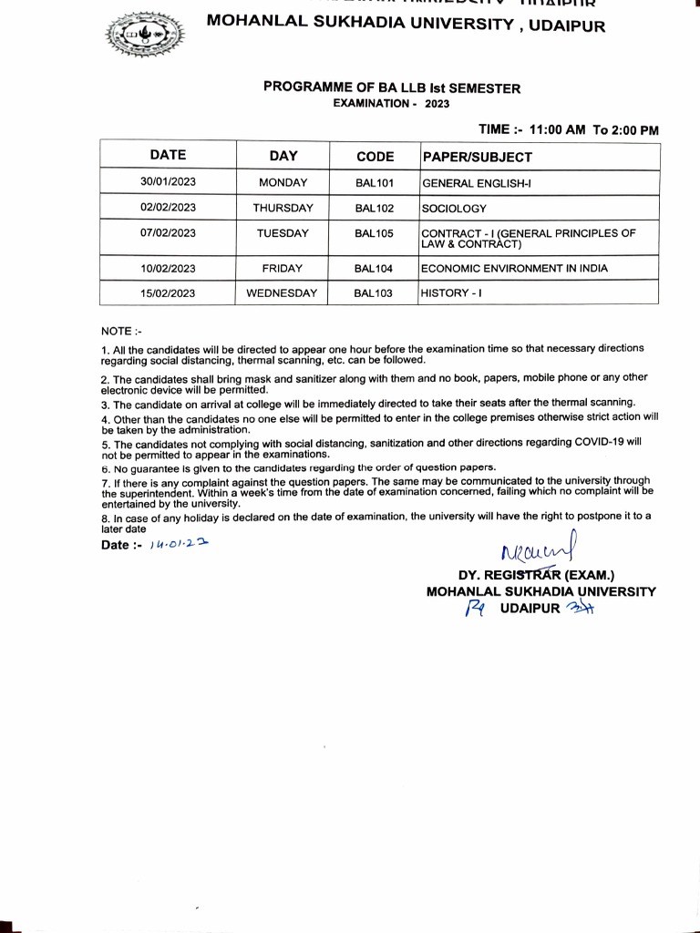 BA LLB 1st Semester Exam Schedule 2023 | PDF