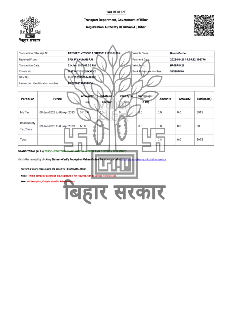 receipt-for-vehicle-registration-and-tax-payment-in-bihar-india-for