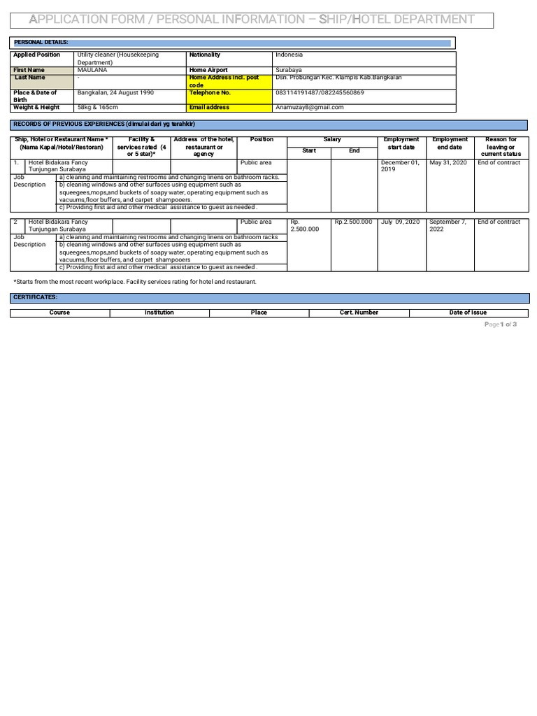 Application for a Utility Cleaner Position at a Hotel A Detailed