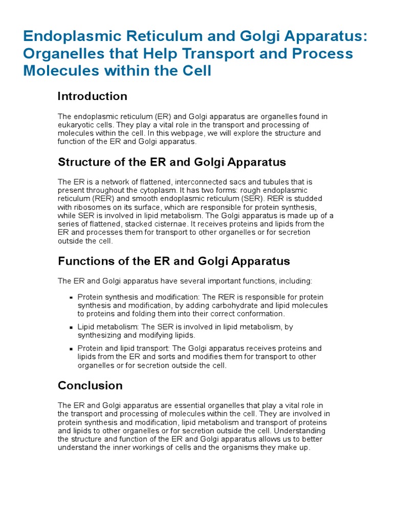 Endoplasmic Reticulum and Golgi Apparatus - Organelles That Help ...