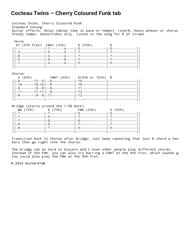 Cherry Coloured Funk Tab With Lyrics by Cocteau Twins For Guitar at