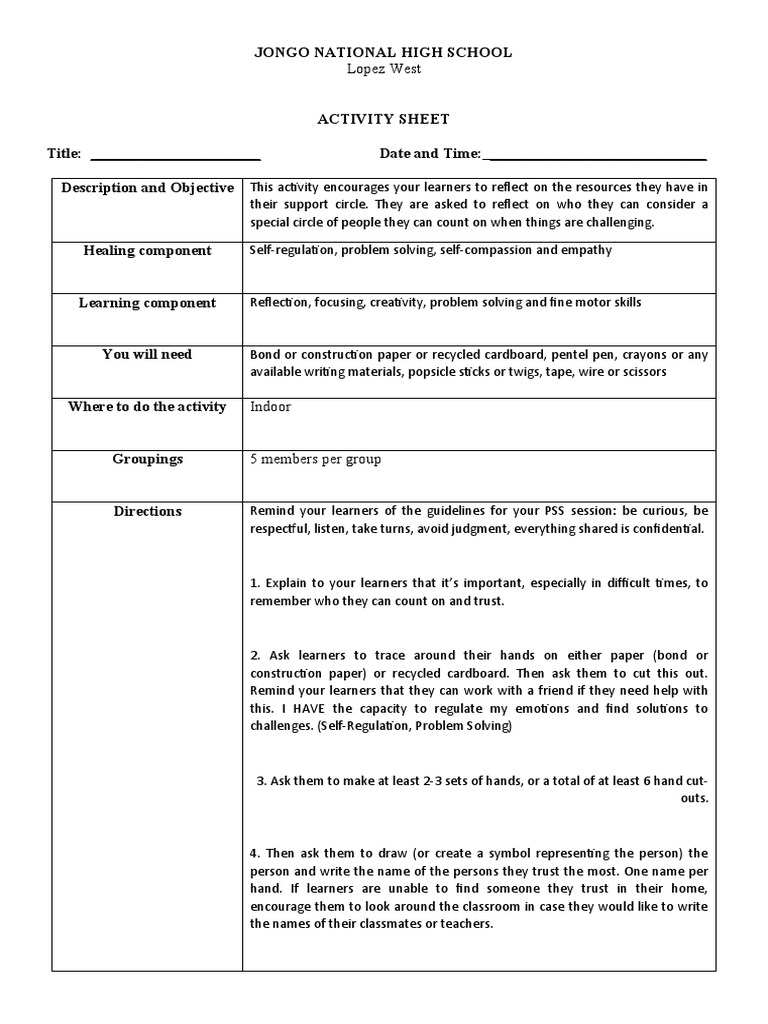 BLANK ACTIVITY SHEET MHPSS Template | PDF | Behavior Modification ...