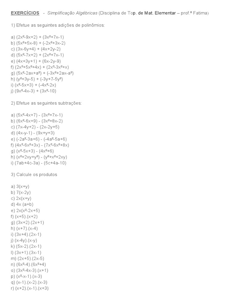 Simplificação De Expressões Algébricas Pdf