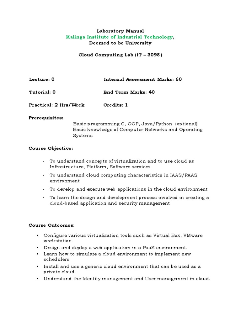 Cloud Computing Laboratory Manual PDF Cloud Computing Computing