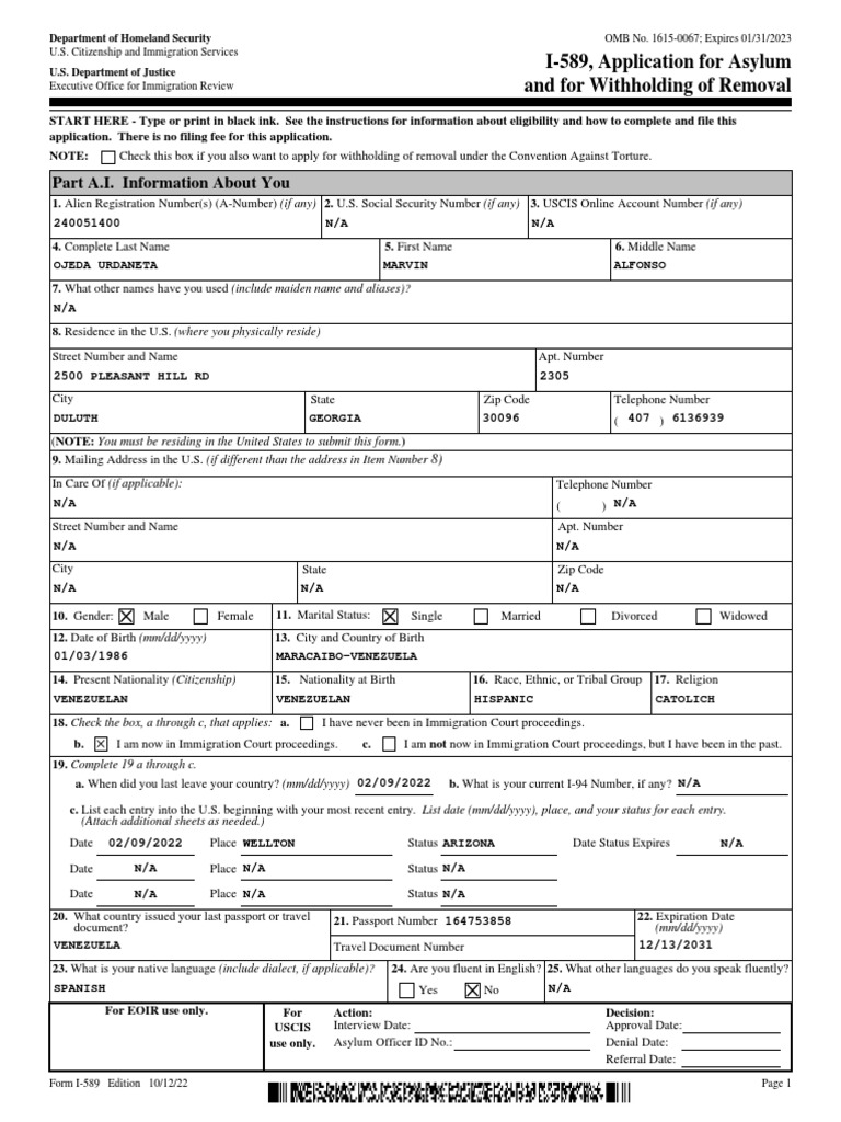 I589 Completo PDF Identity Document United States Citizenship