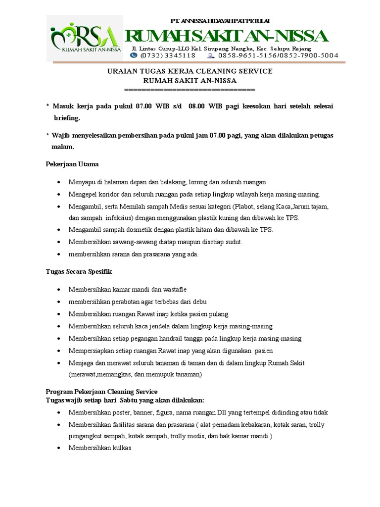 Uraian Tugas Kerja Cleaning Service Rsa PDF