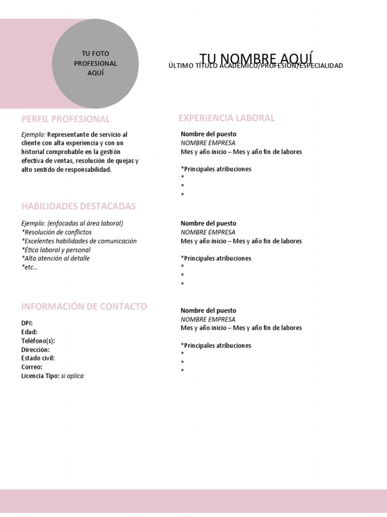 Plantilla 1 - CV Rosa-Gris | Descargar gratis PDF | Titulo academico ...
