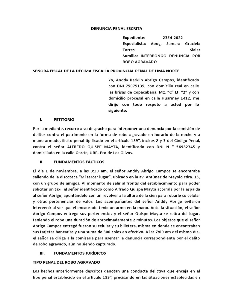 Denuncia Penal Escrita | PDF | Robo | Violencia
