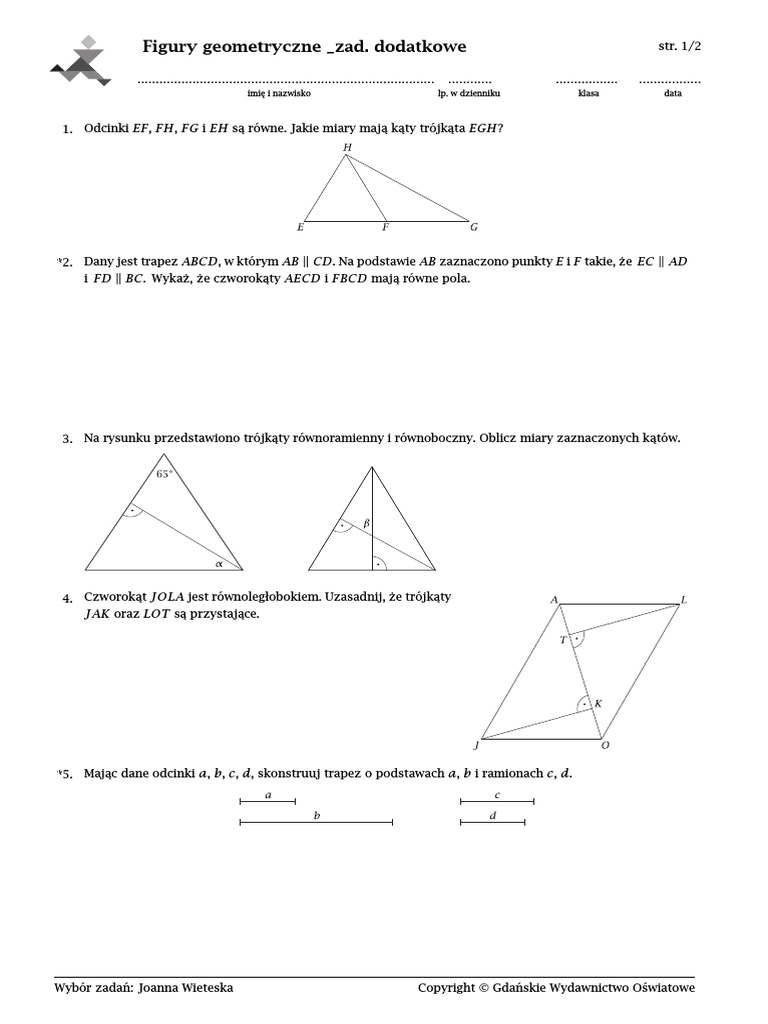 Figury Geometryczne Klasa 7 Sprawdzian Pdf Odpowiedzi Matematyka Klasa 7 Figury Geometryczne - Zadania Dodatkowe | PDF