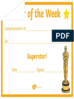 Hollywood Star of The Week Certificate