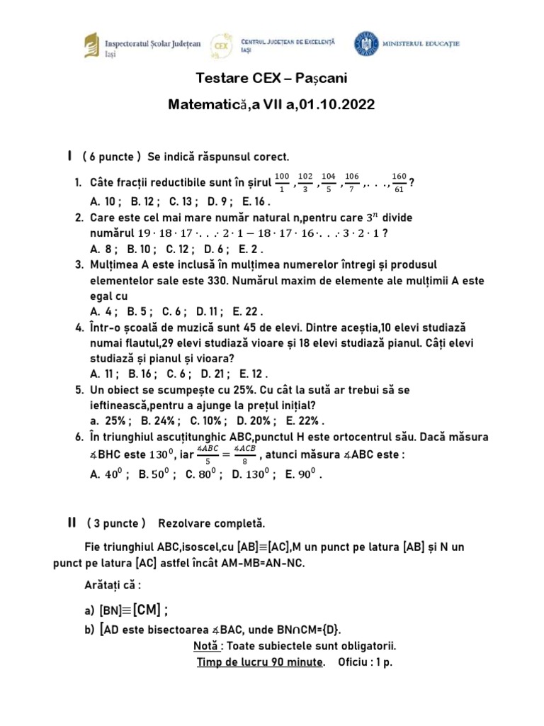 Subiecte Testare CEX Matematica Pascani Clasa A VII A 2022 | PDF