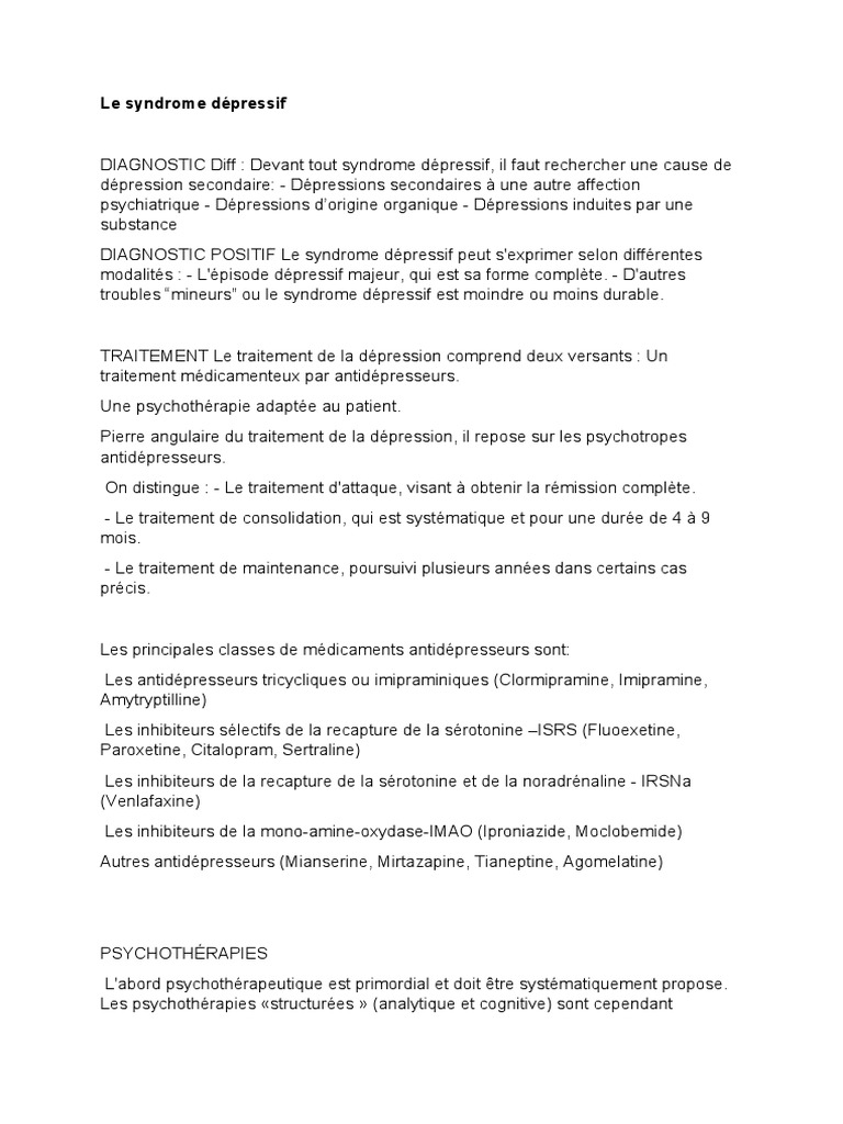 Diagnostic et traitement de la dépression PDF Dépression