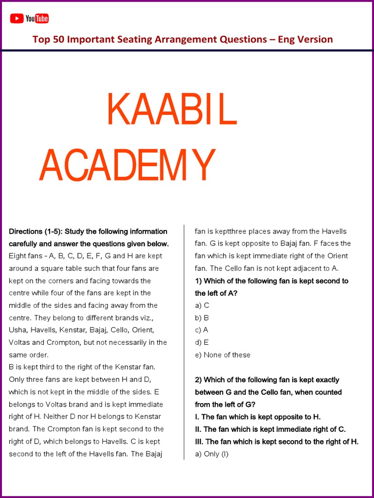 Top 50 Seating Arrangement Questions PDF Set1 Download Free PDF