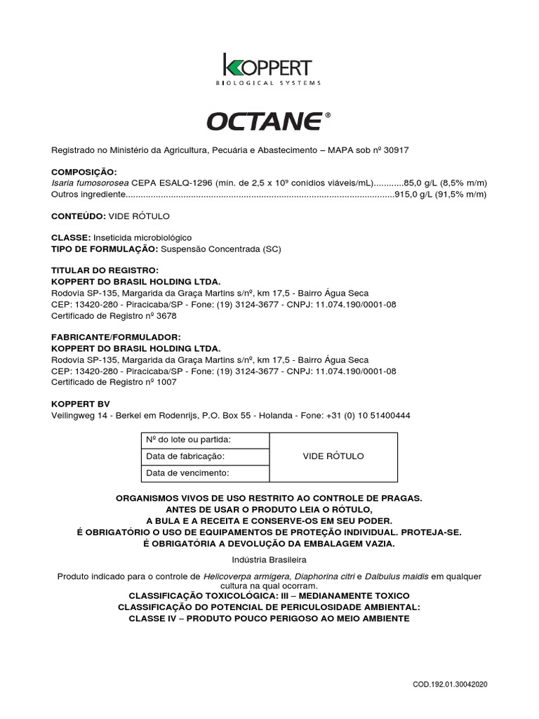 Inseticida Octane: Uso e Aplicação | PDF | Embalagem e rotulagem | Fungo