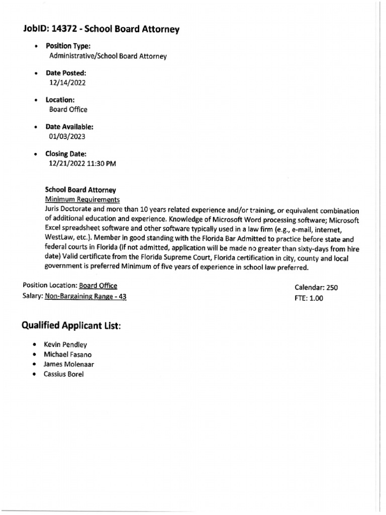 School Board Attorney, Qualified Applicant List PDF
