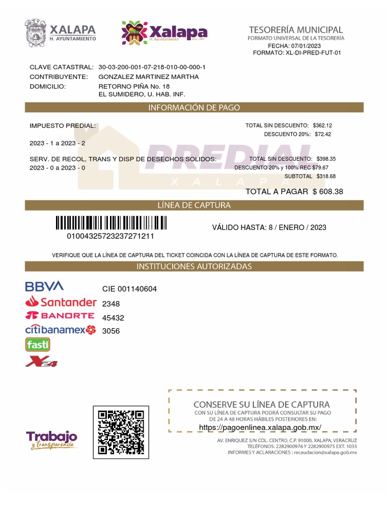 Boleta Predial 2023 - Xalapa | PDF