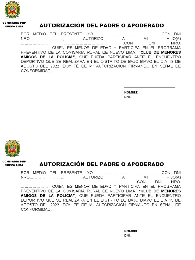 Autorización Del Padre o Apoderado | PDF